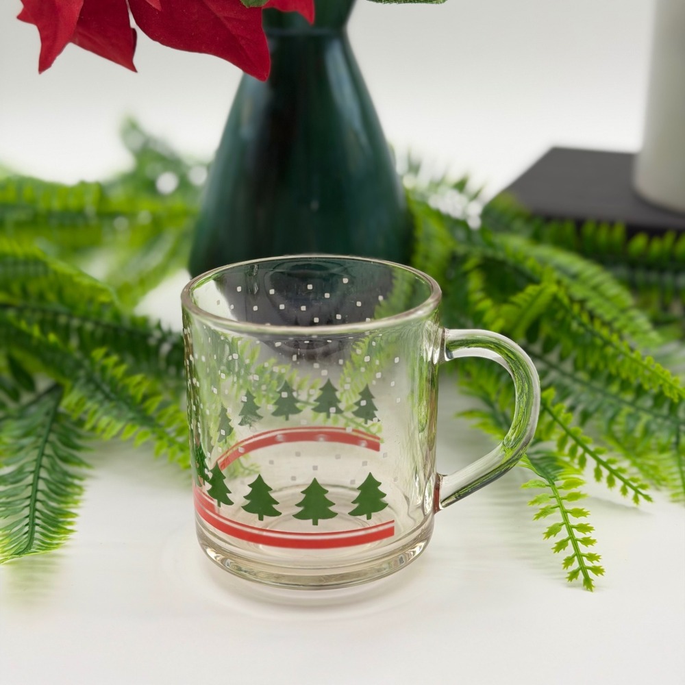 Vintage Libbey Christmas Tree Glass Mug Holiday Snowflakes Red Green Stripe